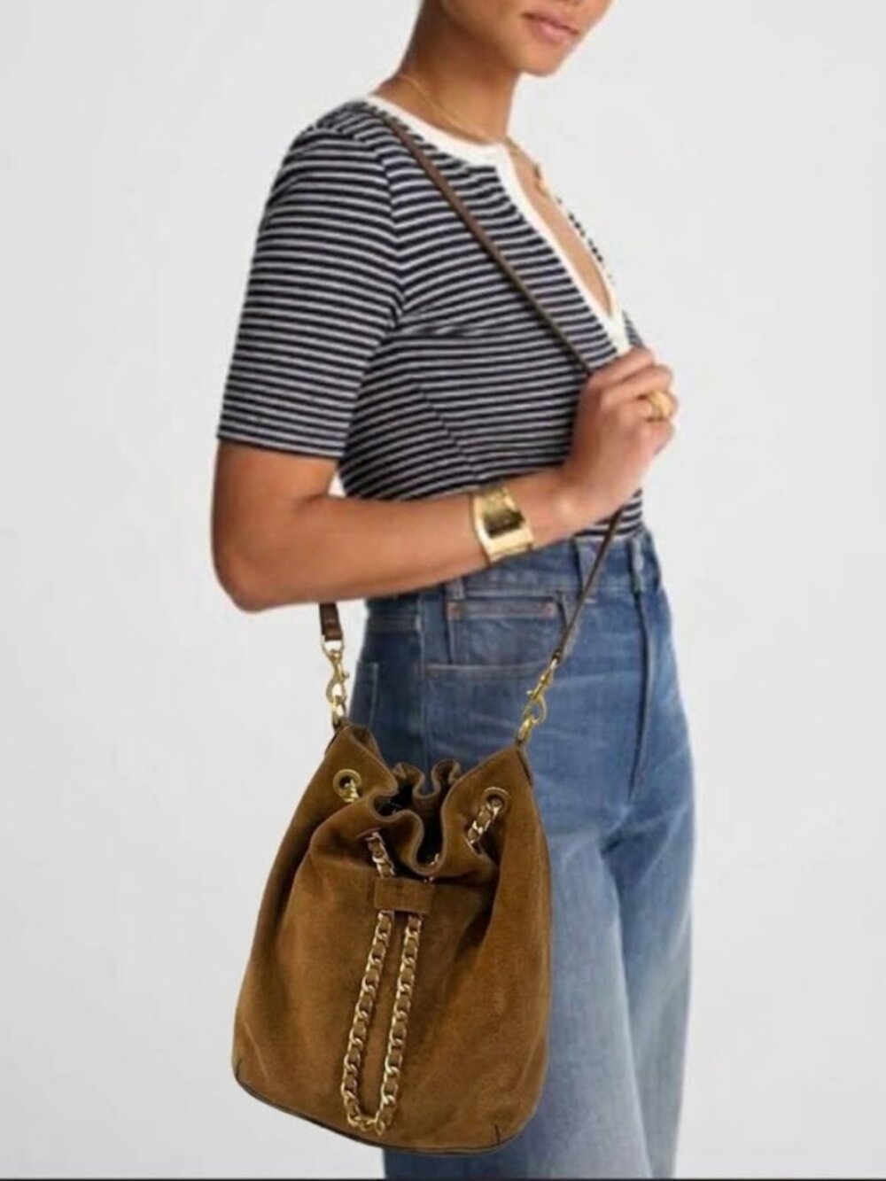 ✧ Rebecca Minkoff Brown Suede Drawstring Bucket Crossbody with Gold Chain